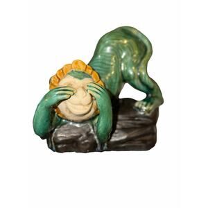 Majolica “See No Evil” Monkey Ceramic Figurine – Vintage Green (Single)